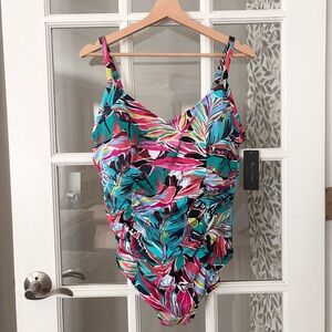 AQUA GREEN Tropical Print Ruched One Piece Swimsuit Sz XL NWT